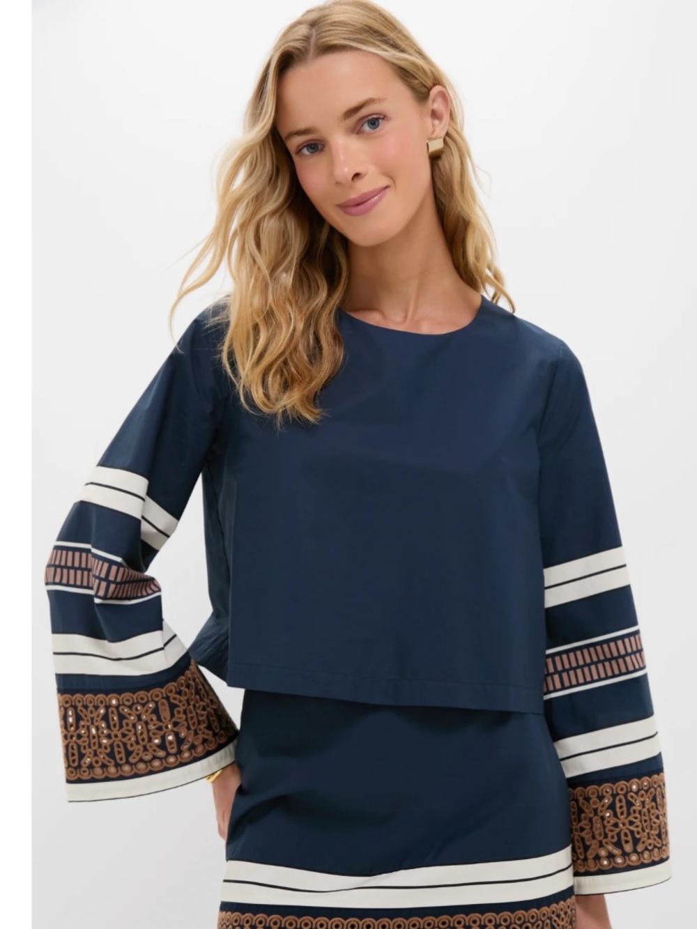 Tuckernuck Riverside Stripe Navy Embroidered Bell-Sleeve Top - Women's
